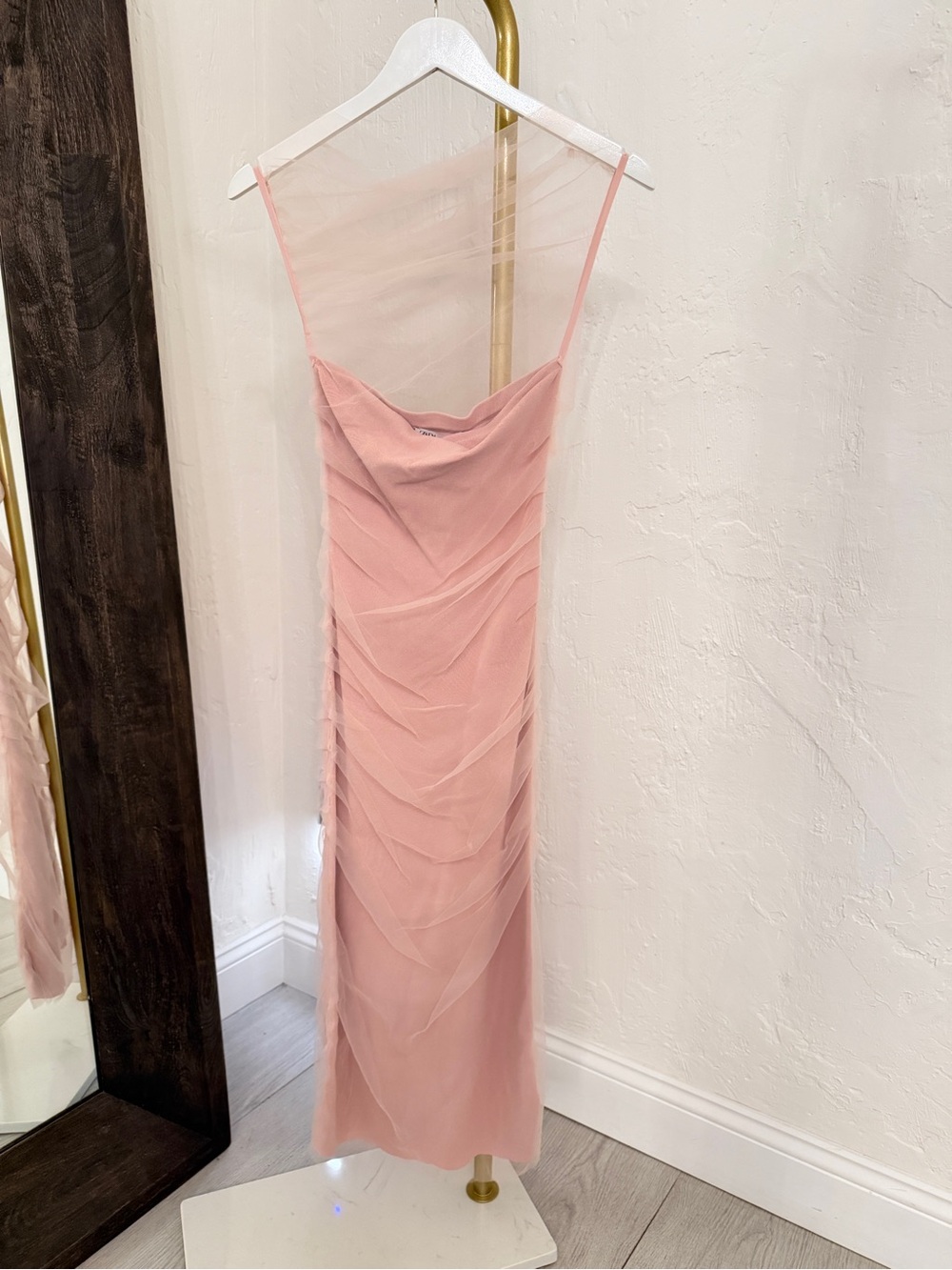 Zara Blush Pink Draped Mesh Maxi Dress Small NWT Cowl Neck